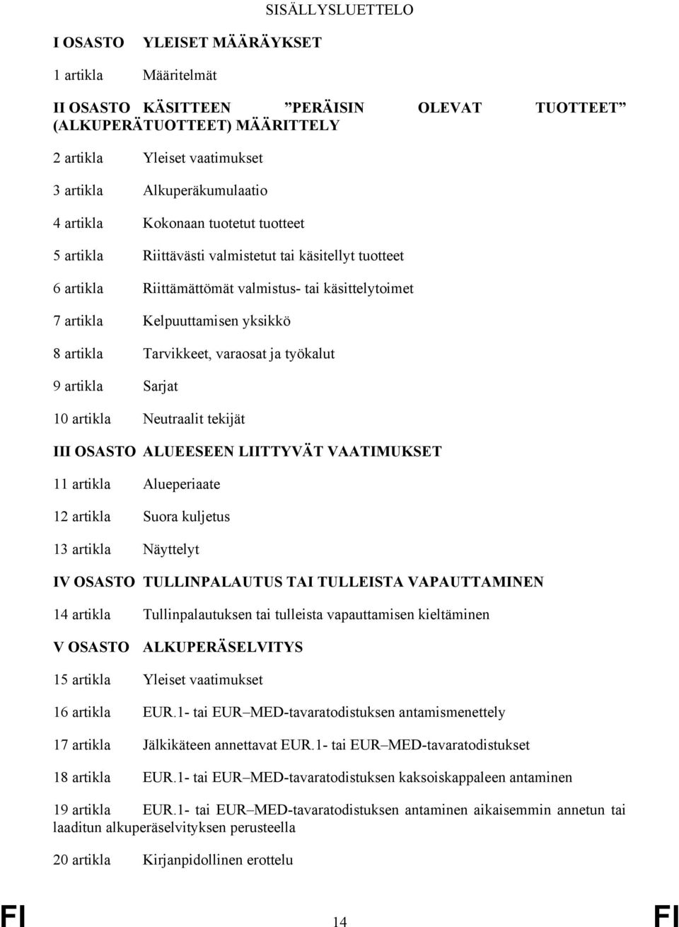 yksikkö 8 artikla Tarvikkeet, varaosat ja työkalut 9 artikla Sarjat 10 artikla Neutraalit tekijät III OSASTO ALUEESEEN LIITTYVÄT VAATIMUKSET 11 artikla Alueperiaate 12 artikla Suora kuljetus 13