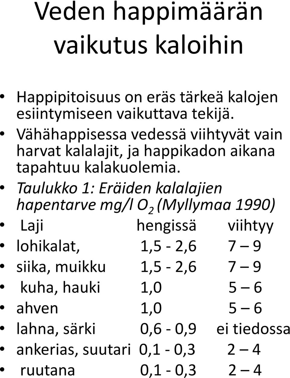 Taulukko 1: Eräiden kalalajien hapentarve mg/l O 2 (Myllymaa 1990) Laji hengissä viihtyy lohikalat, 1,5-2,6 7 9