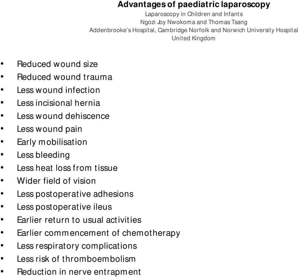 wound pain Early mobilisation Less bleeding Less heat loss from tissue Wider field of vision Less postoperative adhesions Less postoperative ileus
