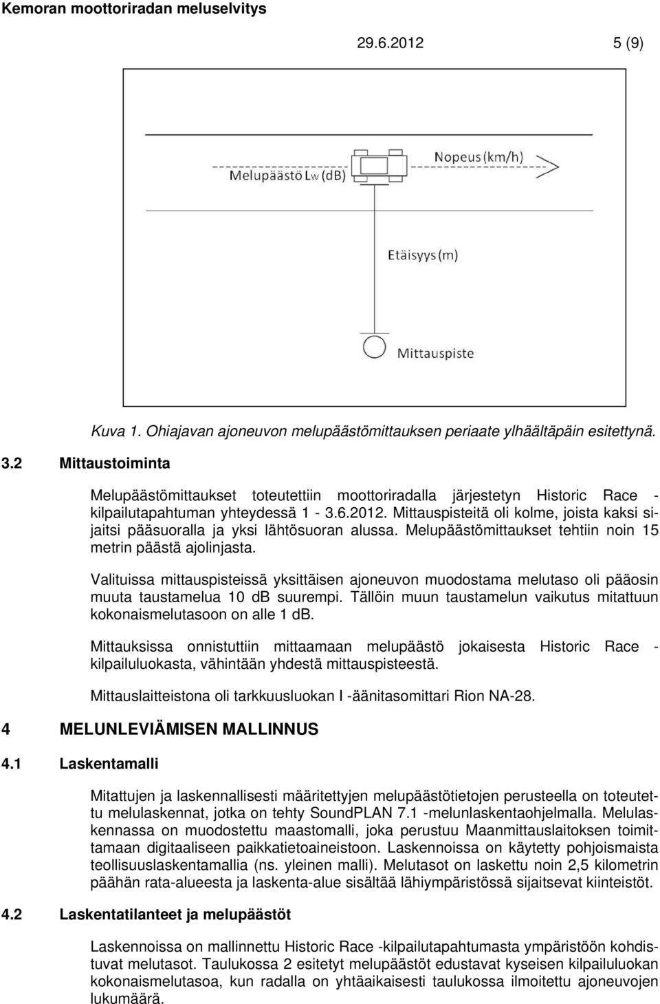 Mittauspisteitä oli kolme, joista kaksi sijaitsi pääsuoralla ja yksi lähtösuoran alussa. Melupäästömittaukset tehtiin noin 15 metrin päästä ajolinjasta.