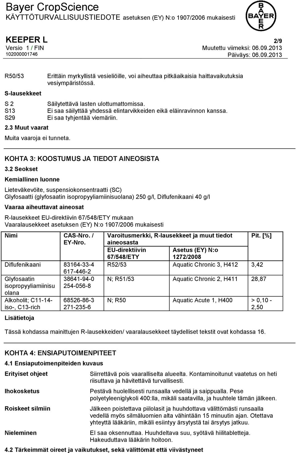 2 Seokset Kemiallinen luonne Lieteväkevöite, suspensiokonsentraatti (SC) Glyfosaatti (glyfosaatin isopropyyliamiinisuolana) 250 g/l, Diflufenikaani 40 g/l Vaaraa aiheuttavat aineosat R-lausekkeet