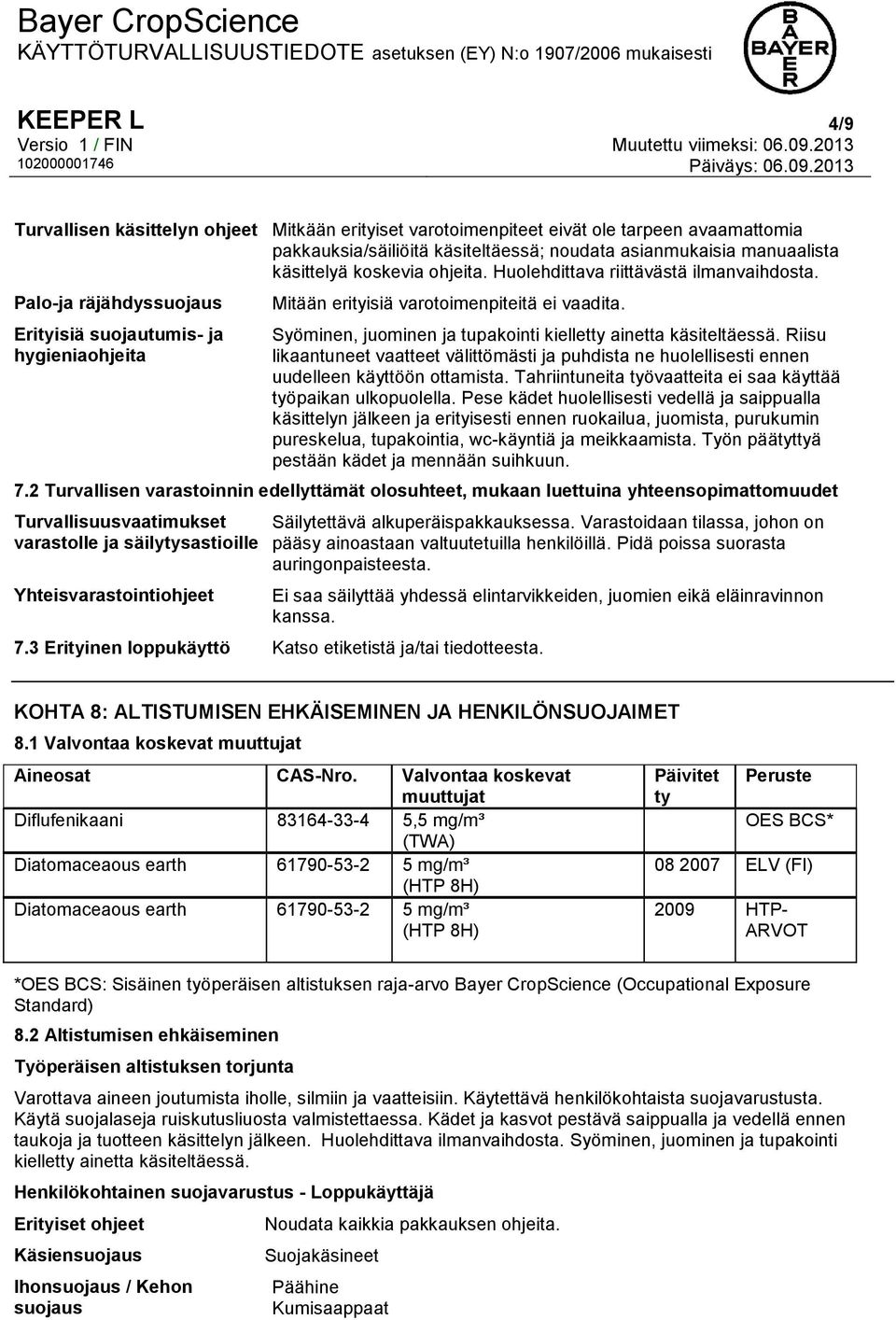 Syöminen, juominen ja tupakointi kielletty ainetta käsiteltäessä. Riisu likaantuneet vaatteet välittömästi ja puhdista ne huolellisesti ennen uudelleen käyttöön ottamista.