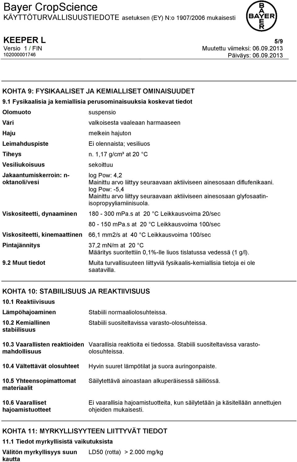 1,17 g/cm³ at 20 C Vesiliukoisuus Jakaantumiskerroin: n- oktanoli/vesi Viskositeetti, dynaaminen sekoittuu log Pow: 4,2 Mainittu arvo liittyy seuraavaan aktiiviseen ainesosaan diflufenikaani.