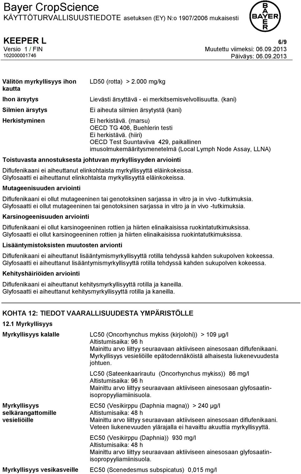 (hiiri) OECD Test Suuntaviiva 429, paikallinen imusolmukemääritysmenetelmä (Local Lymph Node Assay, LLNA) Toistuvasta annostuksesta johtuvan myrkyllisyyden arviointi Diflufenikaani ei aiheuttanut