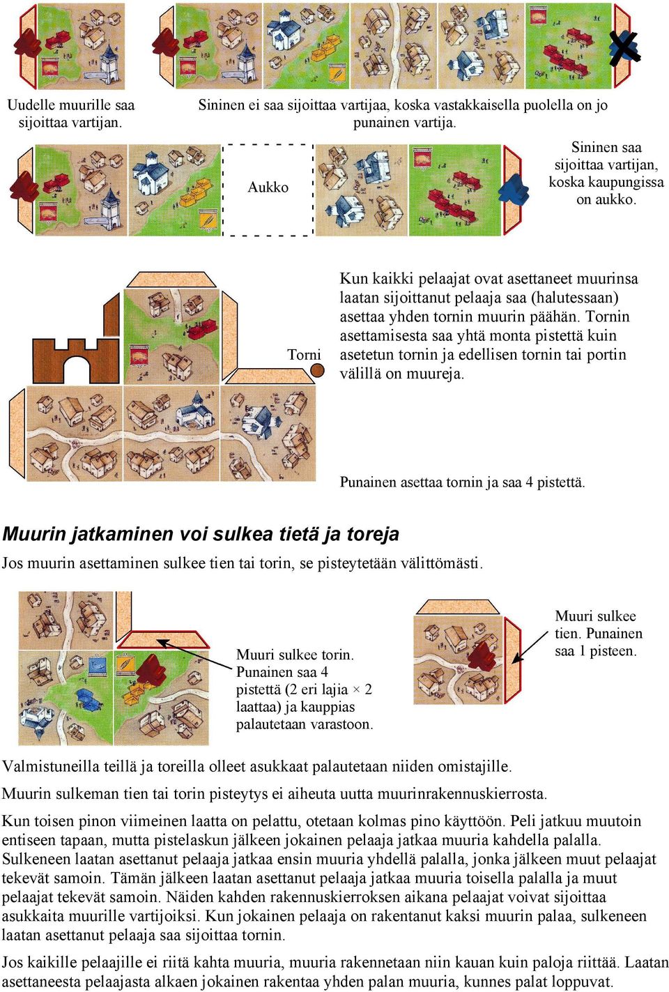 Tornin asettamisesta saa yhtä monta pistettä kuin asetetun tornin ja edellisen tornin tai portin välillä on muureja. Punainen asettaa tornin ja saa 4 pistettä.