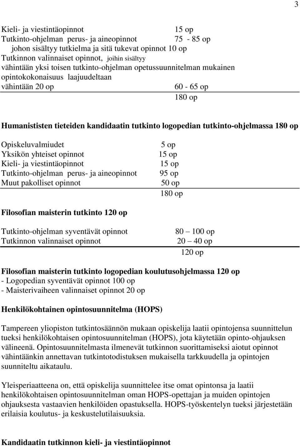 180 op Opiskeluvalmiudet Yksikön yhteiset opinnot Kieli- ja viestintäopinnot Tutkinto-ohjelman perus- ja aineopinnot Muut pakolliset opinnot 5 op 15 op 15 op 95 op 50 op 180 op Filosofian maisterin