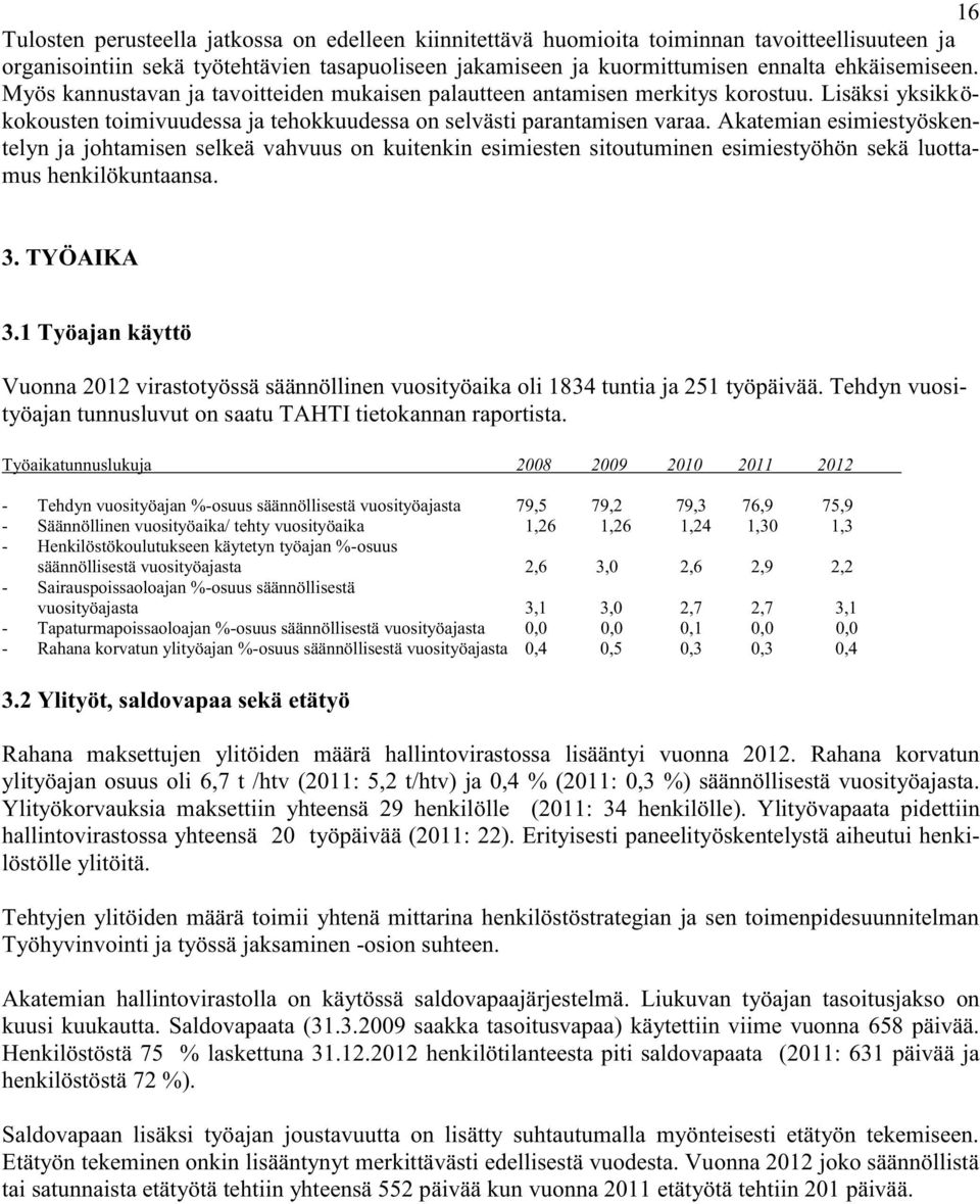 Akatemian esimiestyöskentelyn ja johtamisen selkeä vahvuus on kuitenkin esimiesten sitoutuminen esimiestyöhön sekä luottamus henkilökuntaansa. 3. TYÖAIKA 3.