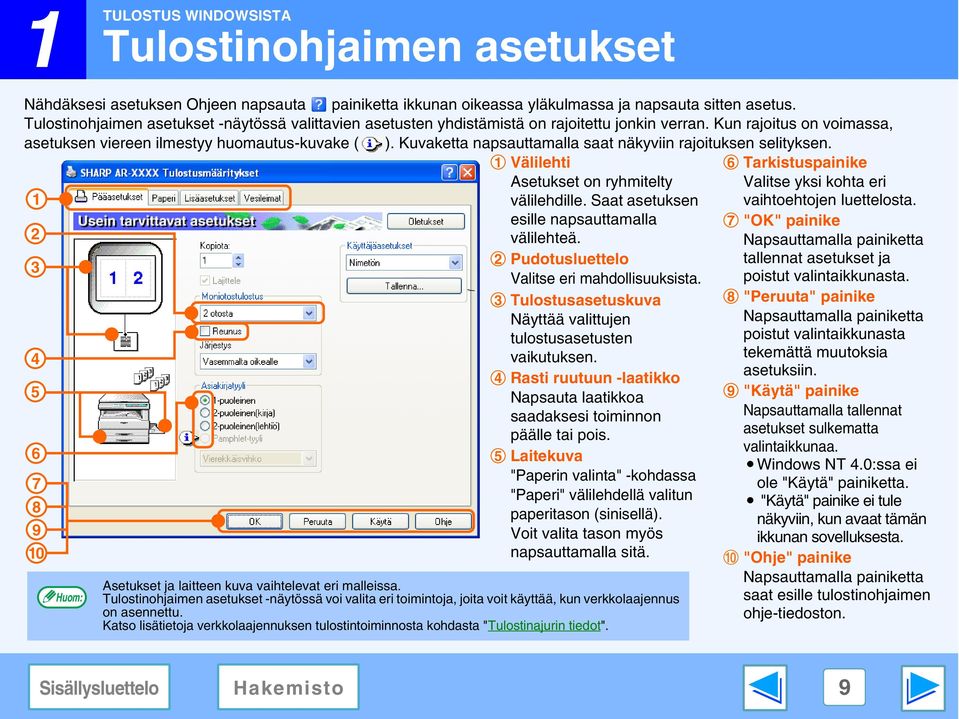 Kuvaketta napsauttamalla saat näkyviin rajoituksen selityksen. Välilehti Asetukset on ryhmitelty 6 3 välilehdille. Saat asetuksen esille napsauttamalla 7 välilehteä.