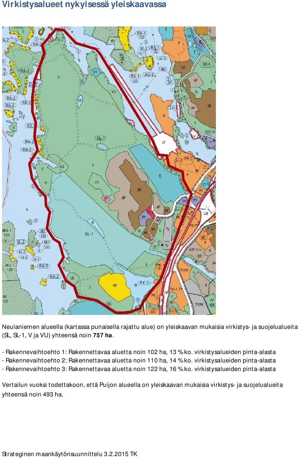 virkistysalueiden pinta-alasta - Rakennevaihtoehto 2: Rakennettavaa aluetta noin 110 ha, 14 % ko.
