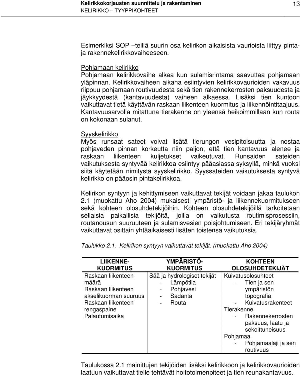 Kelirikkovaiheen aikana esiintyvien kelirikkovaurioiden vakavuus riippuu pohjamaan routivuudesta sekä tien rakennekerrosten paksuudesta ja jäykkyydestä (kantavuudesta) vaiheen alkaessa.