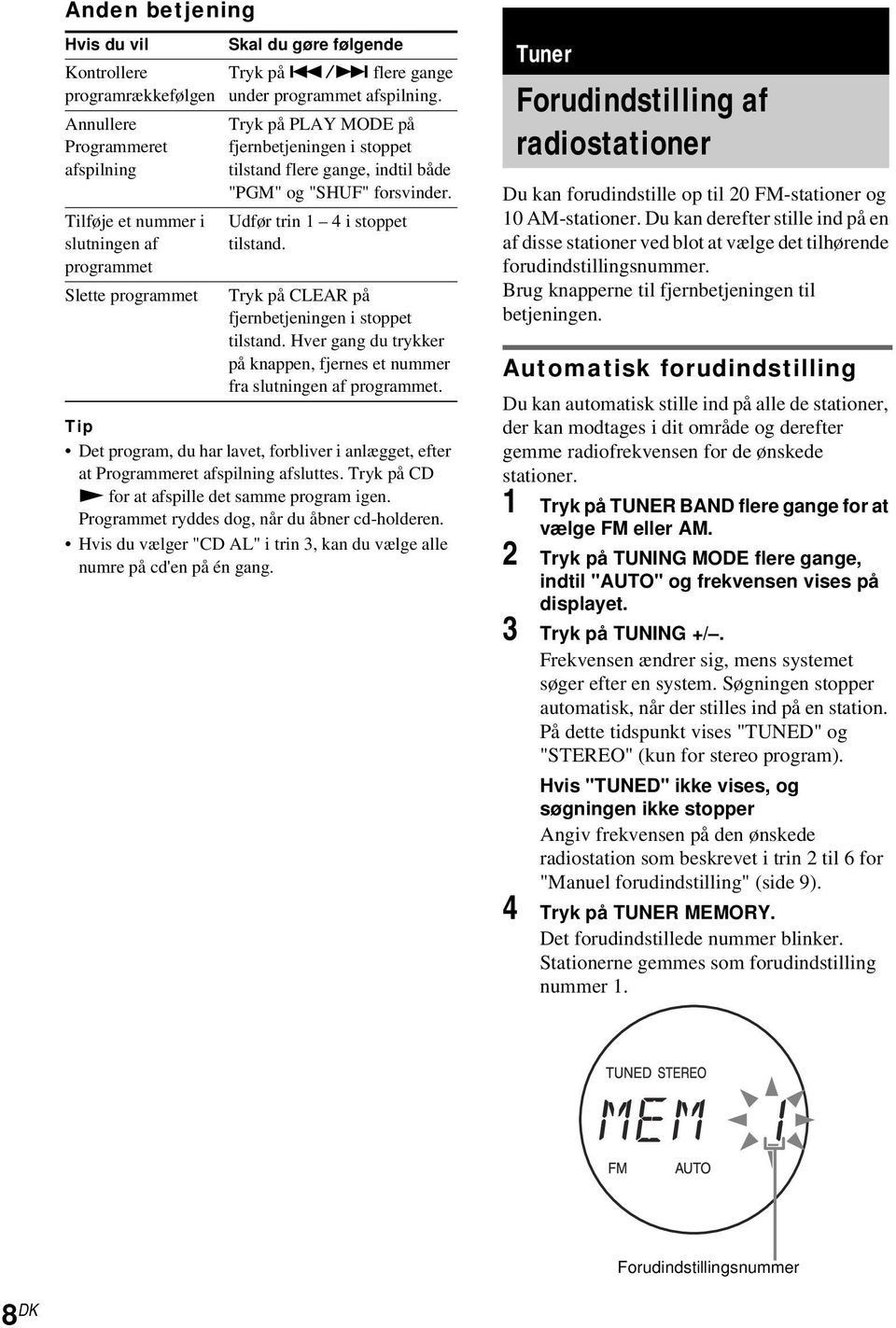 Tryk på CLEAR på fjernbetjeningen i stoppet tilstand. Hver gang du trykker på knappen, fjernes et nummer fra slutningen af programmet.