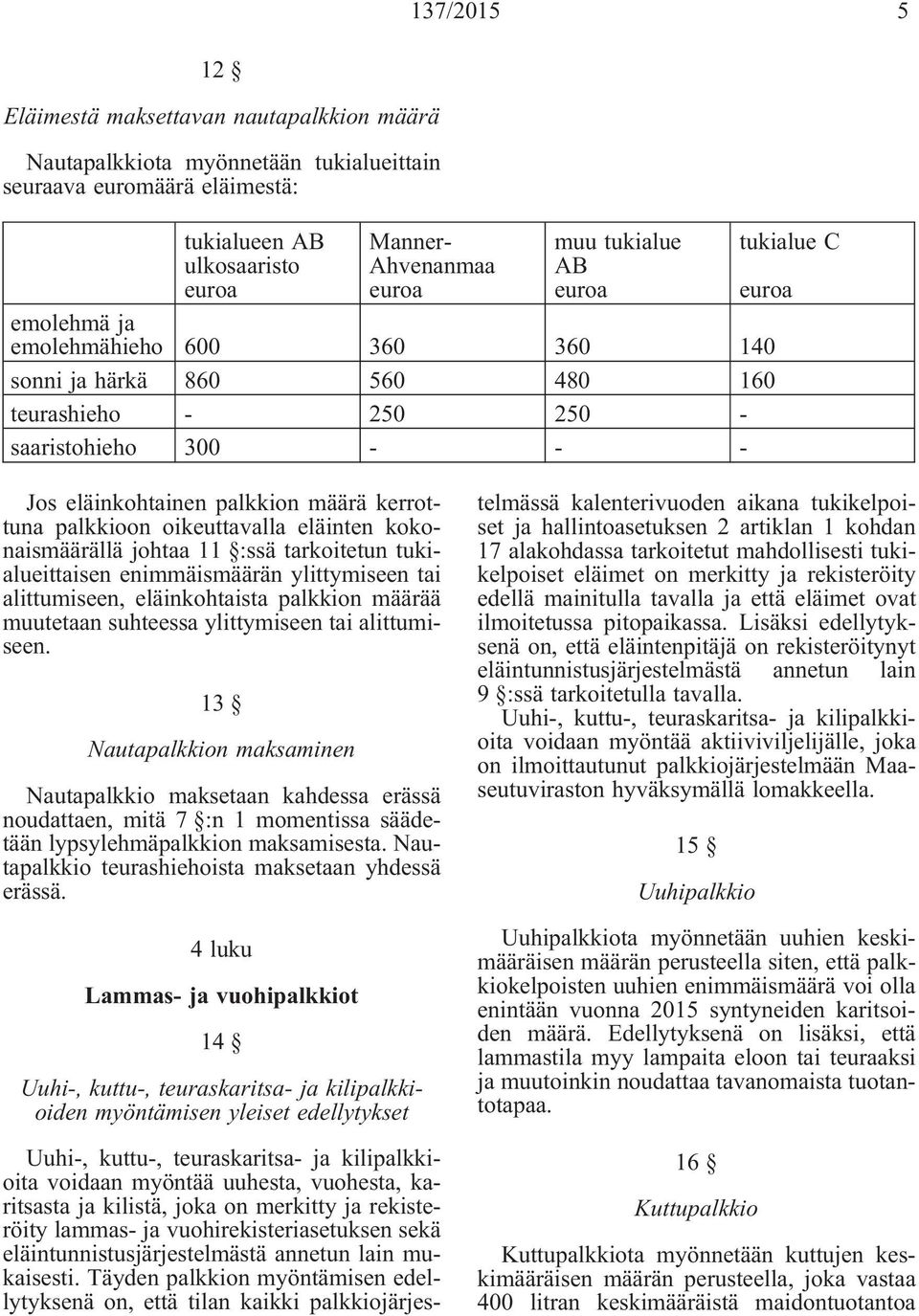 kokonaismäärällä johtaa 11 :ssä tarkoitetun tukialueittaisen enimmäismäärän ylittymiseen tai alittumiseen, eläinkohtaista palkkion määrää muutetaan suhteessa ylittymiseen tai alittumiseen.