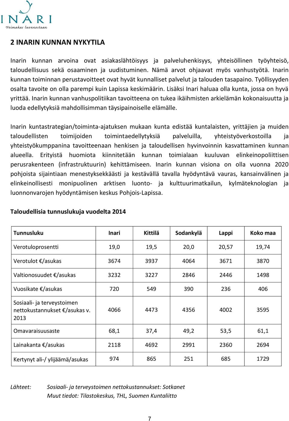 Työllisyyden osalta tavoite on olla parempi kuin Lapissa keskimäärin. Lisäksi Inari haluaa olla kunta, jossa on hyvä yrittää.