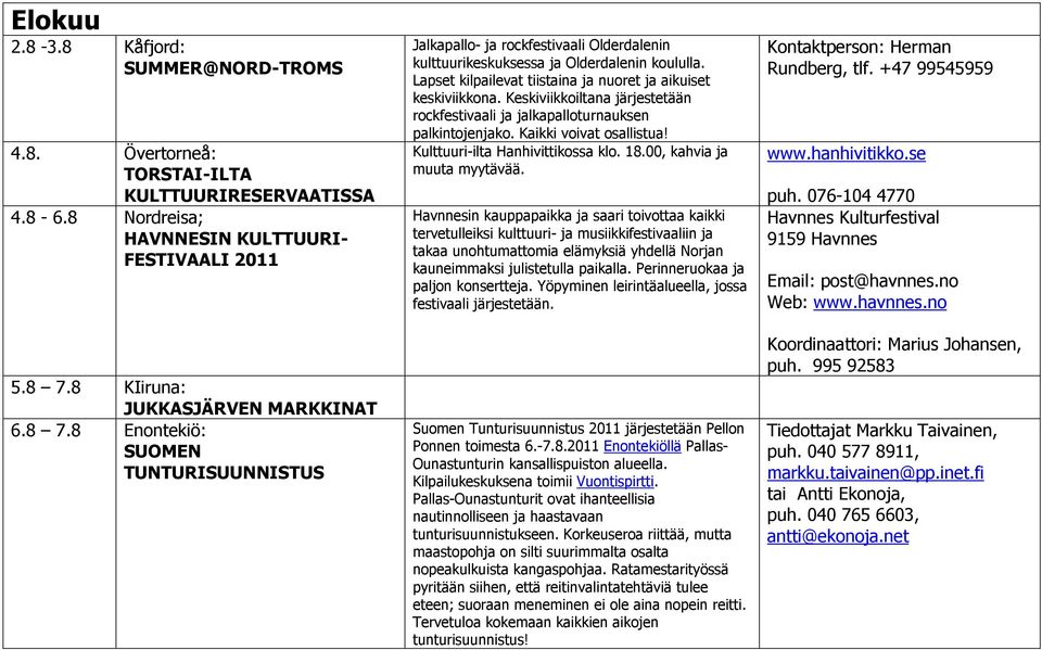 Lapset kilpailevat tiistaina ja nuoret ja aikuiset keskiviikkona. Keskiviikkoiltana järjestetään rockfestivaali ja jalkapalloturnauksen palkintojenjako. Kaikki voivat osallistua!