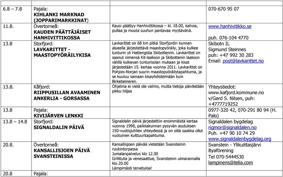 00, kahvia, pullaa ja muuta suuhun pantavaa myytävänä. Lavkarittet on 68 km pitkä Storfjordin kunnan alueella järjestettävä maastopyöräily, joka kulkee tunturin yli Hattengista Skibotteniin.
