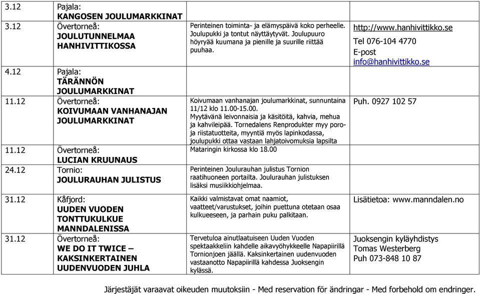 12 Övertorneå: WE DO IT TWICE KAKSINKERTAINEN UUDENVUODEN JUHLA Perinteinen toiminta- ja elämyspäivä koko perheelle. Joulupukki ja tontut näyttäytyvät.