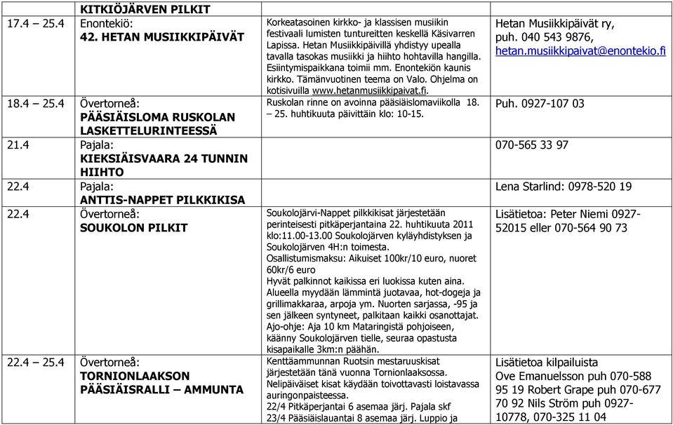 4 Övertorneå: TORNIONLAAKSON PÄÄSIÄISRALLI AMMUNTA Korkeatasoinen kirkko- ja klassisen musiikin festivaali lumisten tuntureitten keskellä Käsivarren Lapissa.