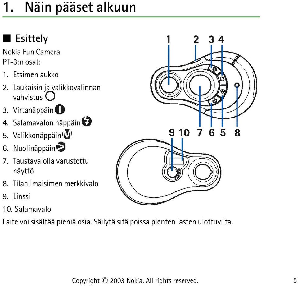 Nuolinäppäin 7. Taustavalolla varustettu näyttö 8. Tilanilmaisimen merkkivalo 9. Linssi 10.