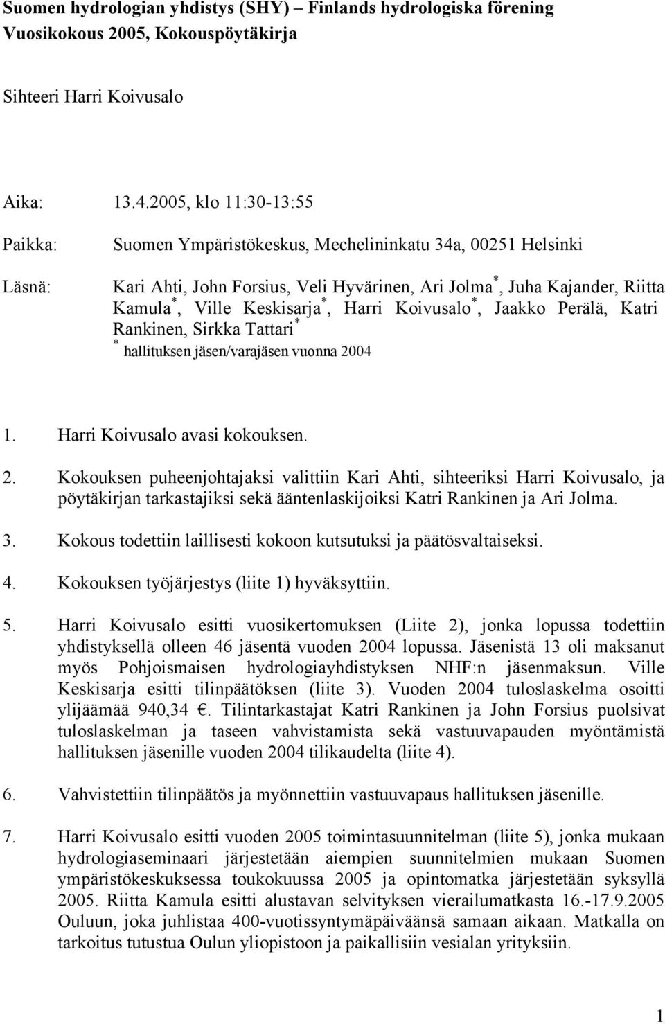 *, Harri Koivusalo *, Jaakko Perälä, Katri Rankinen, Sirkka Tattari * * hallituksen jäsen/varajäsen vuonna 20