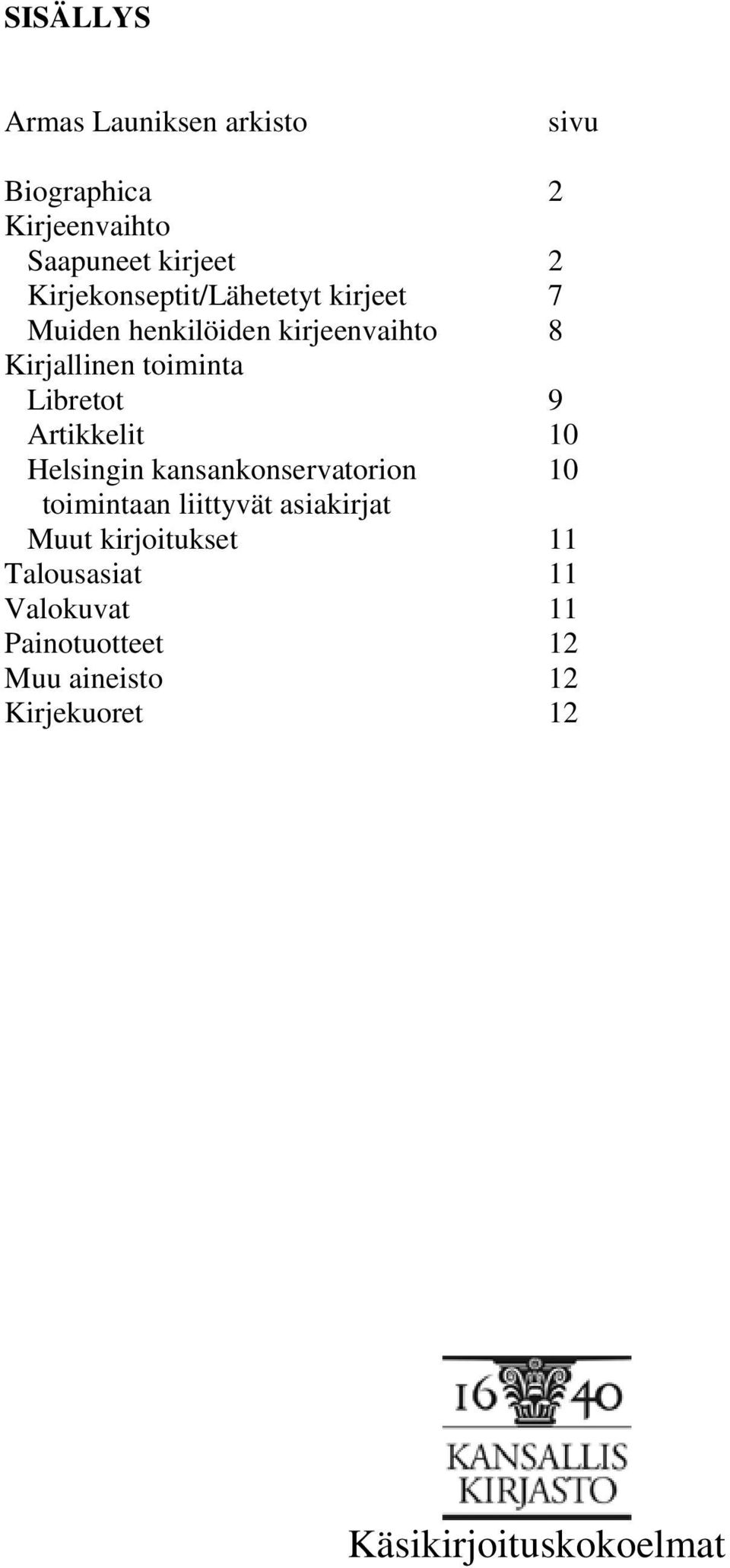 Libretot 9 Artikkelit 10 Helsingin kansankonservatorion 10 toimintaan liittyvät asiakirjat Muut