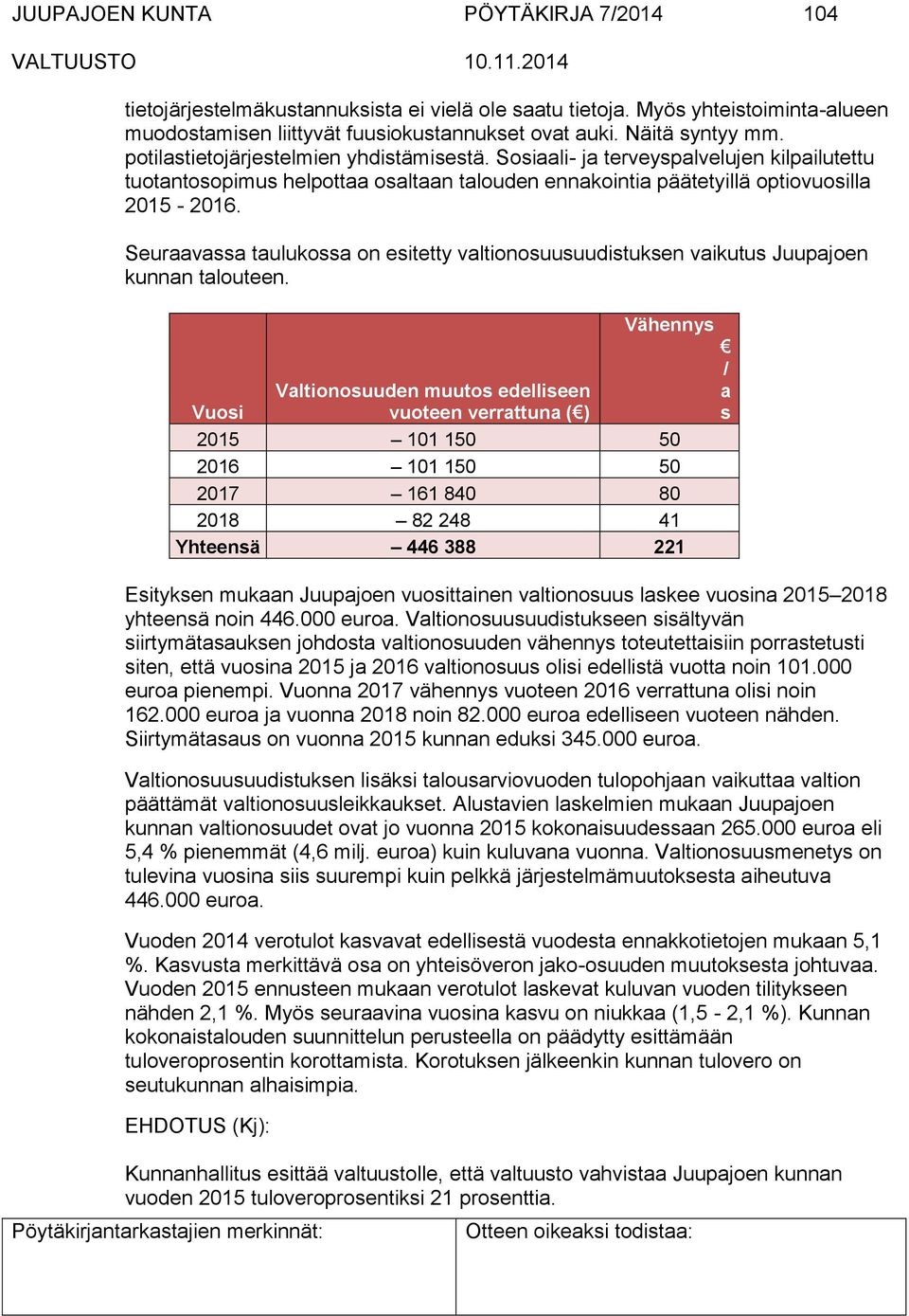 Seuraavassa taulukossa on esitetty valtionosuusuudistuksen vaikutus Juupajoen kunnan talouteen.