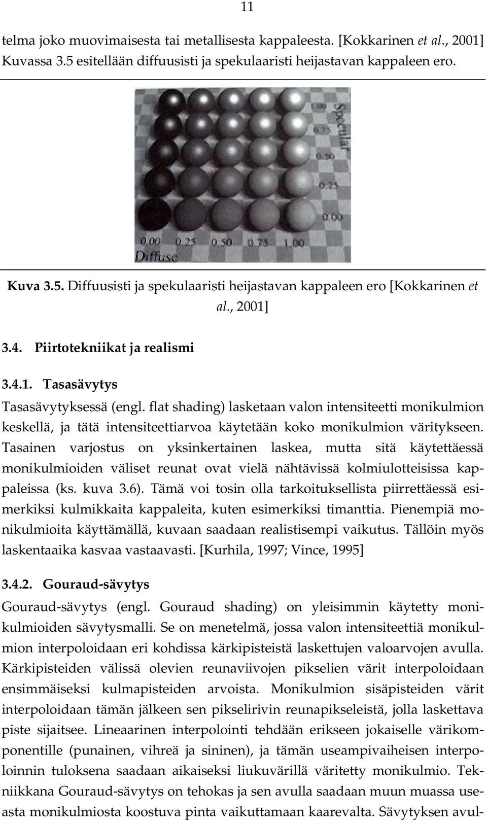 flat shading) lasketaan valon intensiteetti monikulmion keskellä, ja tätä intensiteettiarvoa käytetään koko monikulmion väritykseen.