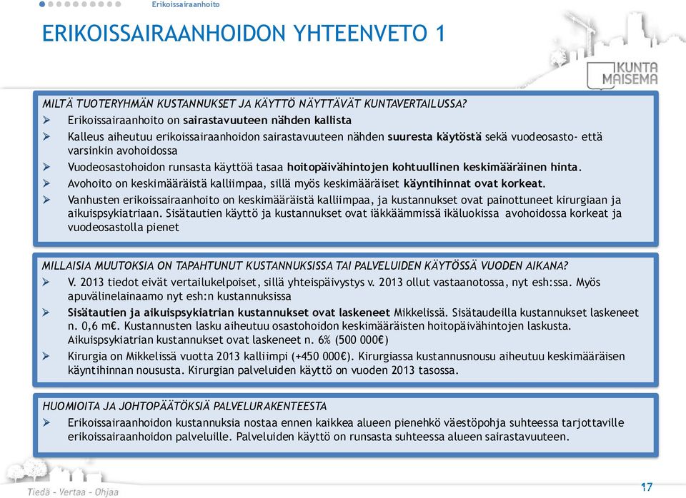 runsasta käyttöä tasaa hoitopäivähintojen kohtuullinen keskimääräinen hinta. Avohoito on keskimääräistä kalliimpaa, sillä myös keskimääräiset käyntihinnat ovat korkeat.