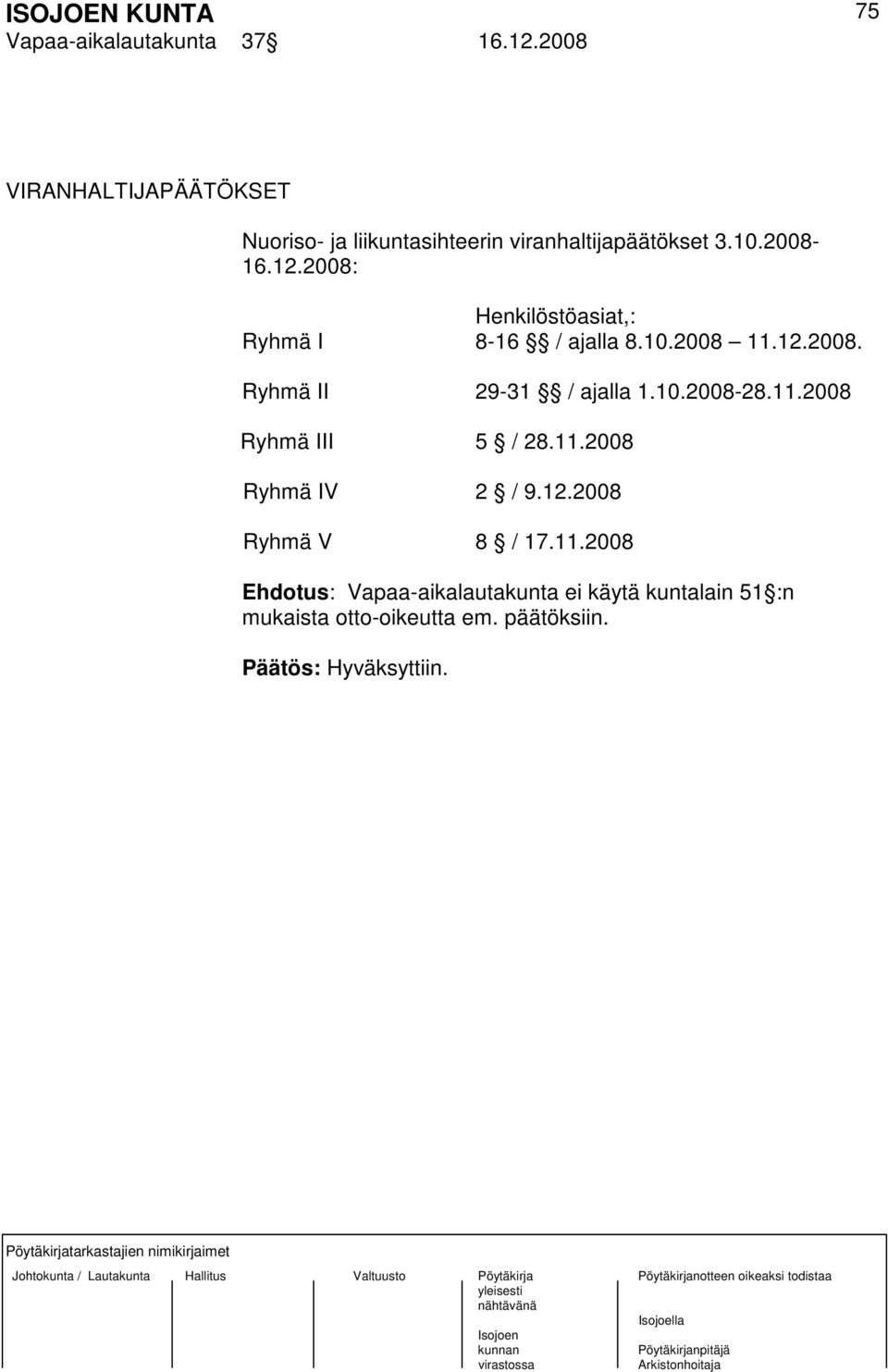 2008: Henkilöstöasiat,: Ryhmä I 8-16 / ajalla 8.10.2008 11.12.2008. Ryhmä II 29-31 / ajalla 1.10.2008-28.