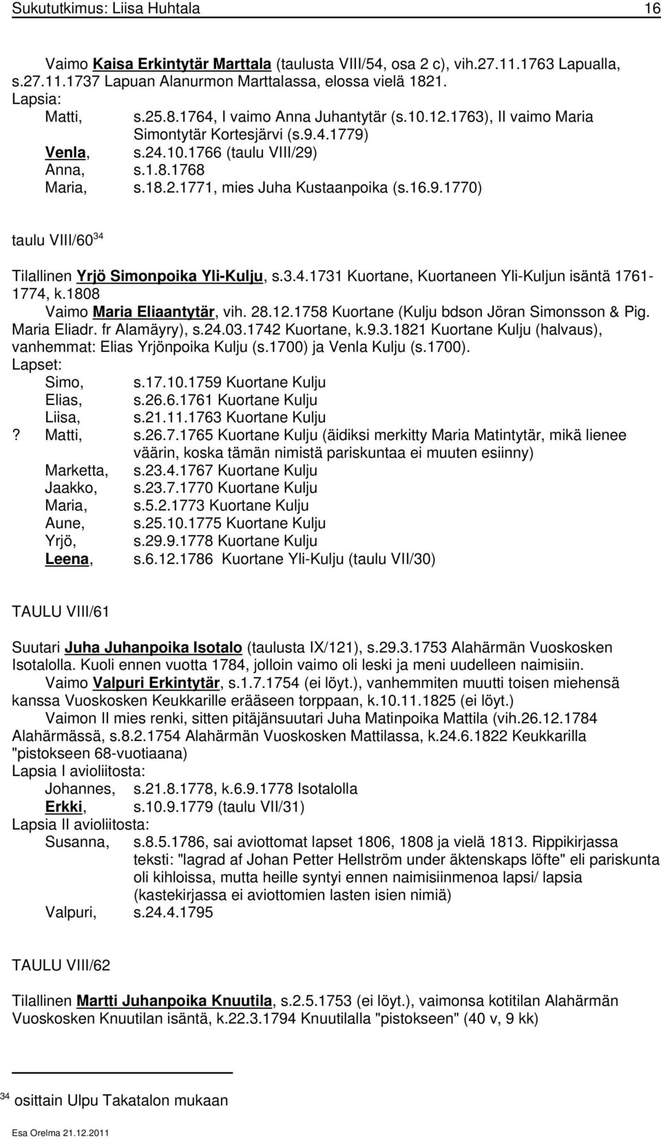 16.9.1770) taulu VIII/60 34 Tilallinen Yrjö Simonpoika Yli-Kulju, s.3.4.1731 Kuortane, Kuortaneen Yli-Kuljun isäntä 1761-1774, k.1808 Vaimo Maria Eliaantytär, vih. 28.12.
