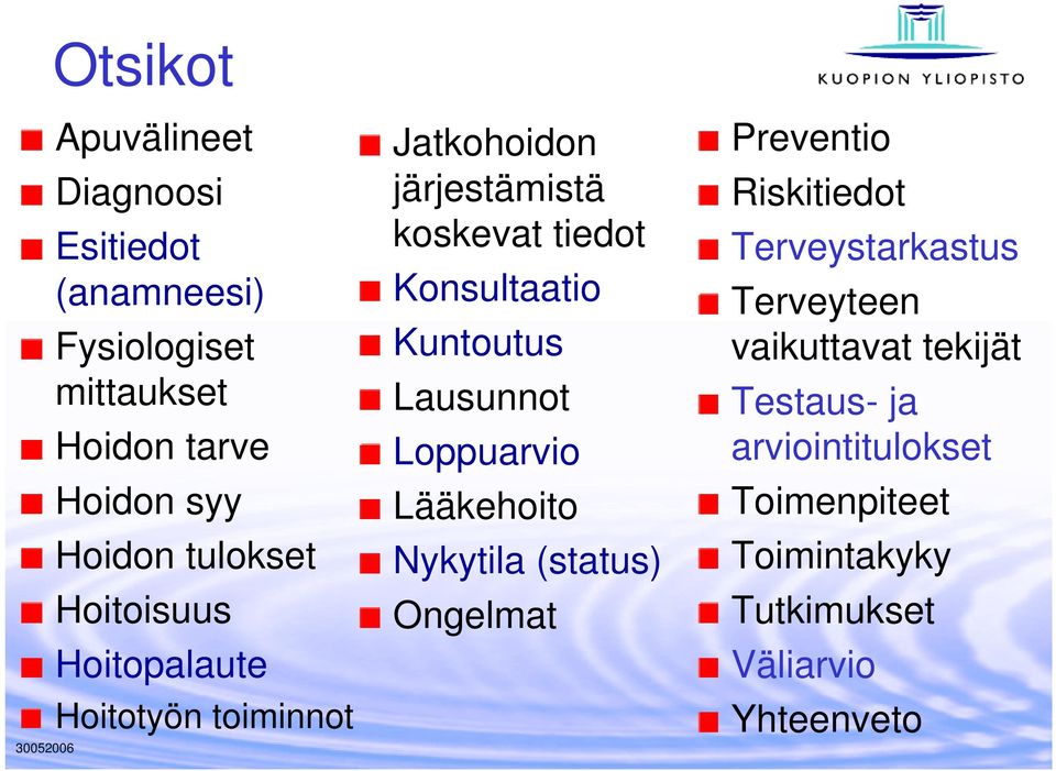 Kuntoutus Lausunnot Loppuarvio Lääkehoito Nykytila (status) Ongelmat Preventio Riskitiedot Terveystarkastus