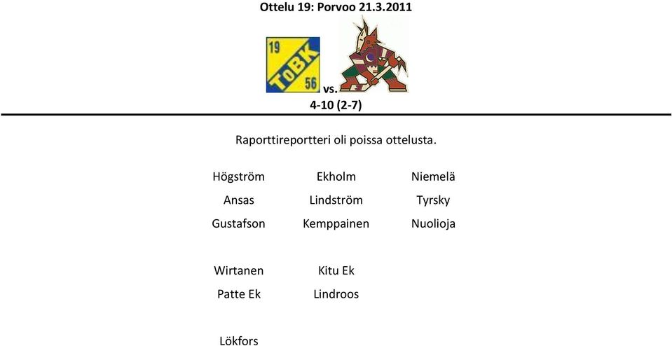 poissa ottelusta.