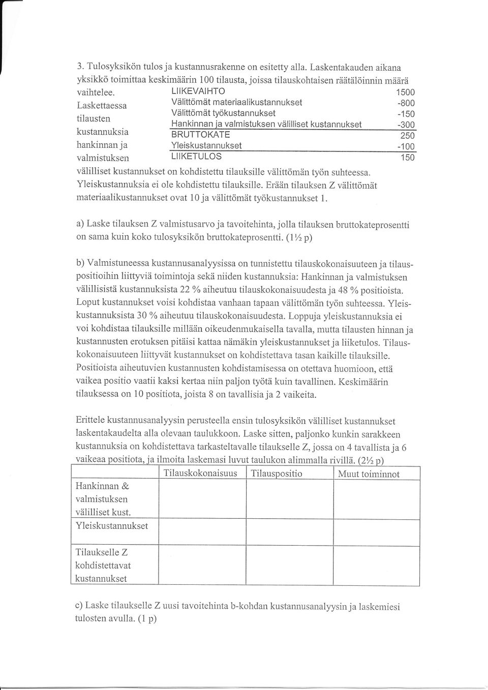 hankinnan ja Yleiskustannukset -100 valmistuksen LIIKETULOS 150 väliliiset kustannukset on kohdistettu tilauksille välittömän työn suhteessa. Yleiskustannuksia ei ole kohdistettu tilauksille.