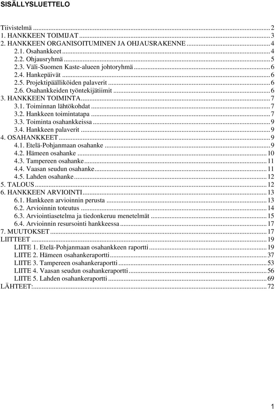 .. 9 3.4. Hankkeen palaverit... 9 4. OSAHANKKEET... 9 4.1. Etelä-Pohjanmaan osahanke... 9 4.2. Hämeen osahanke... 10 4.3. Tampereen osahanke... 11 4.4. Vaasan seudun osahanke... 11 4.5.