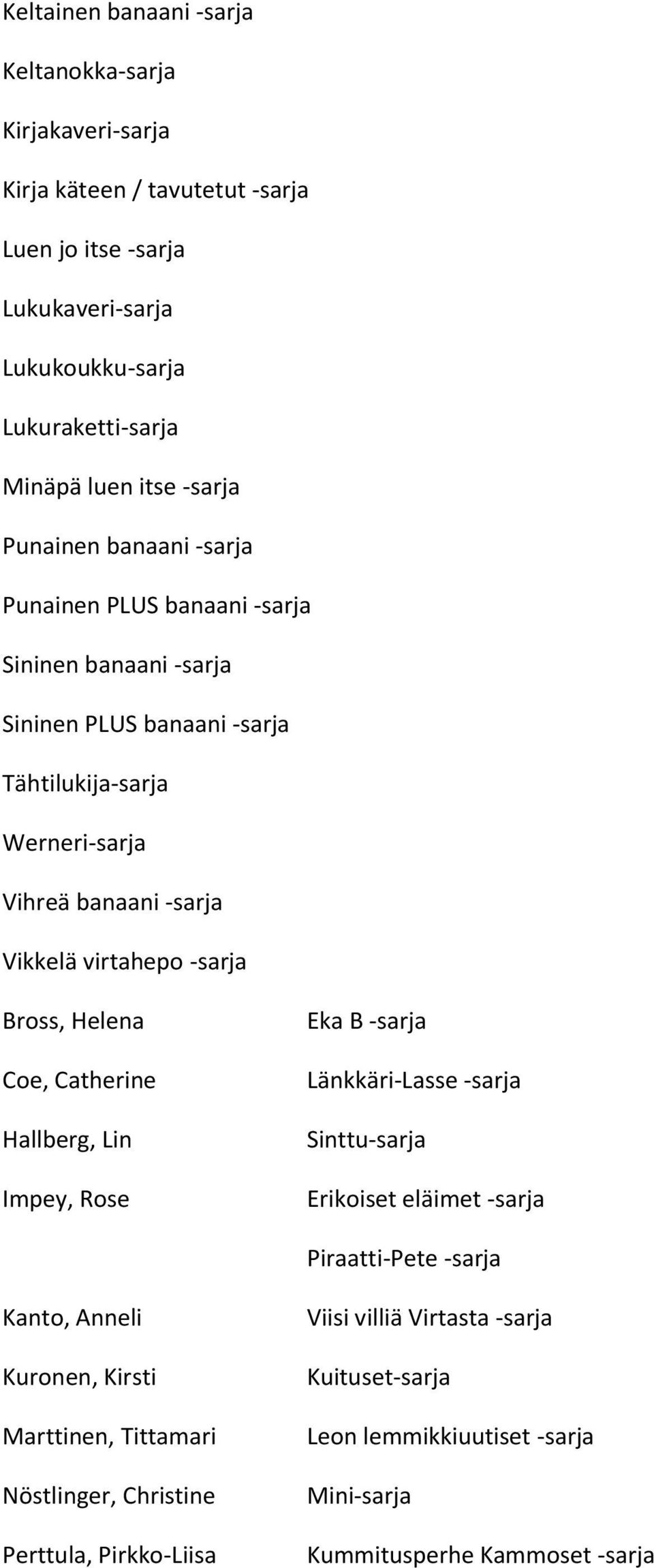 virtahepo -sarja Bross, Helena Coe, Catherine Hallberg, Lin Impey, Rose Eka B -sarja Länkkäri-Lasse -sarja Sinttu-sarja Erikoiset eläimet -sarja Piraatti-Pete -sarja Kanto, Anneli