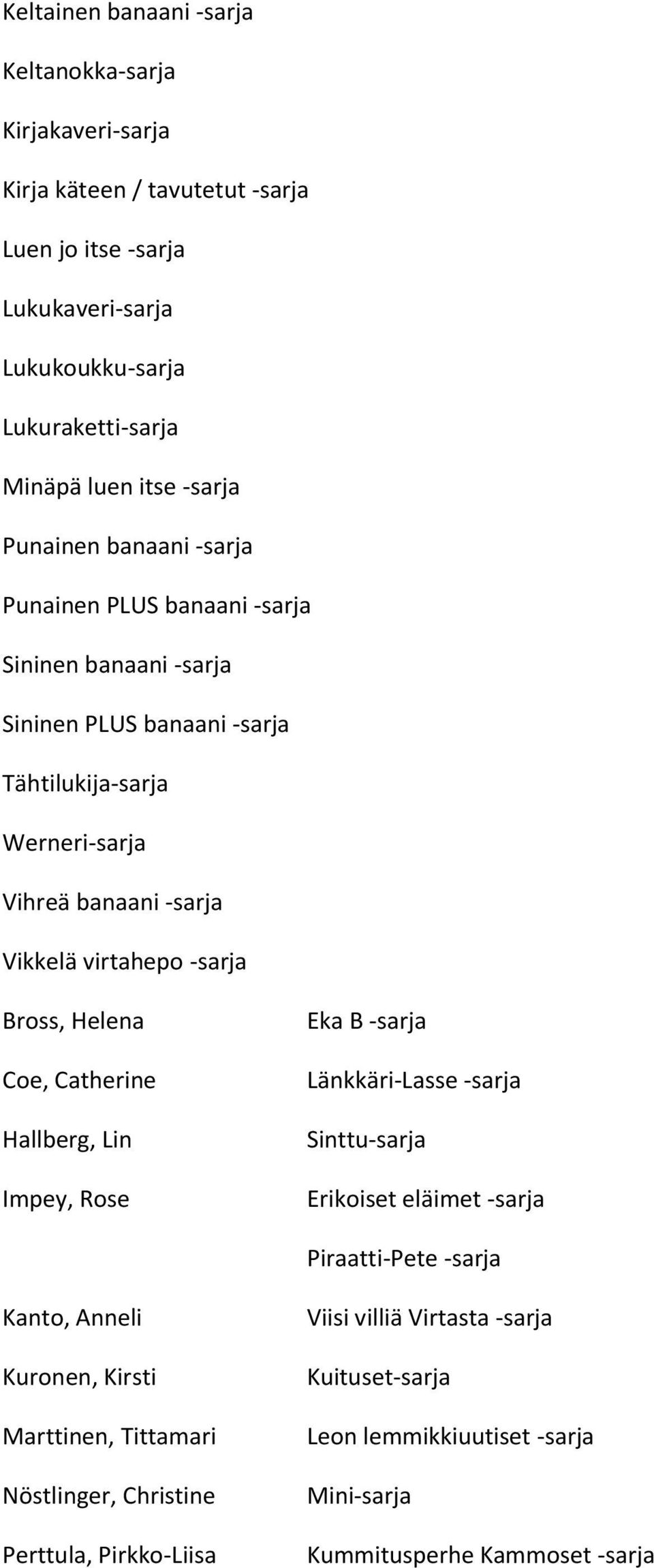 virtahepo -sarja Bross, Helena Coe, Catherine Hallberg, Lin Impey, Rose Eka B -sarja Länkkäri-Lasse -sarja Sinttu-sarja Erikoiset eläimet -sarja Piraatti-Pete -sarja Kanto, Anneli