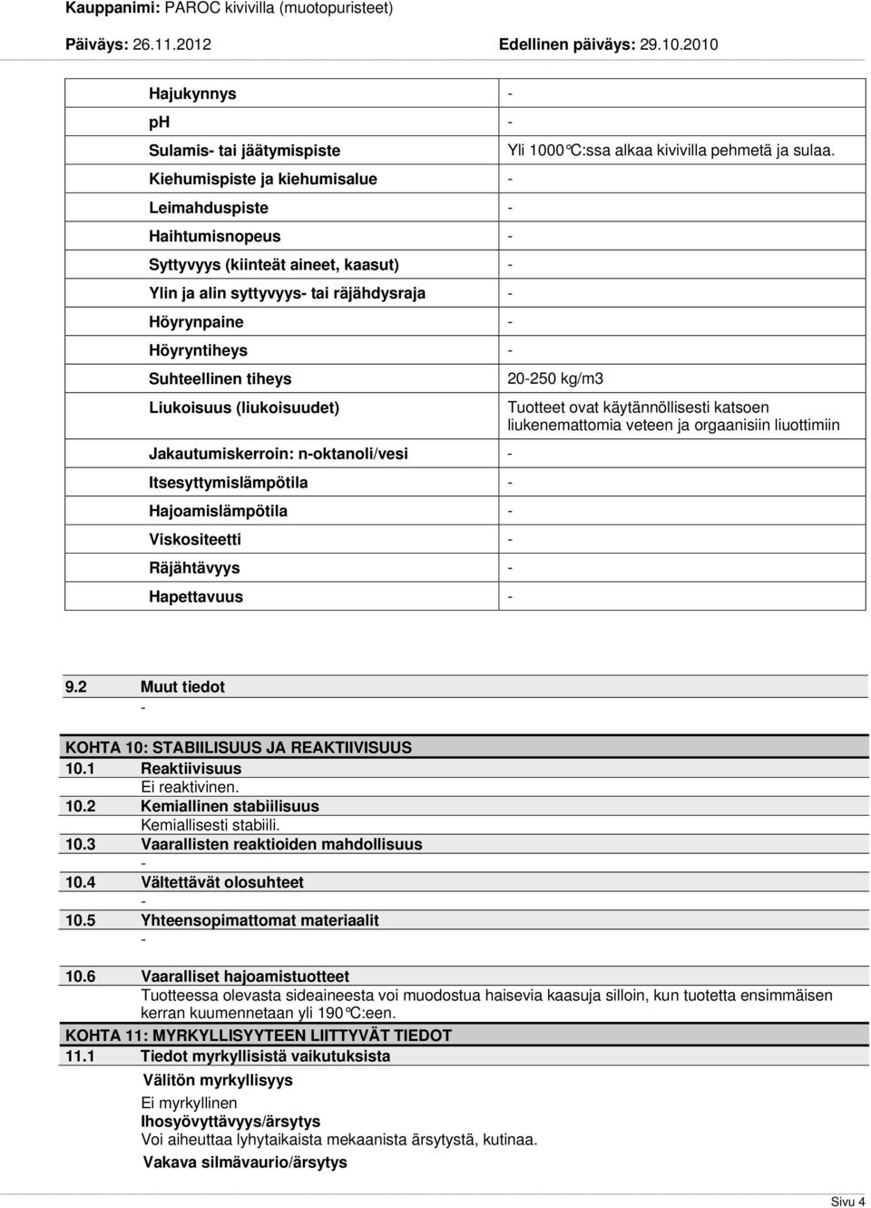 kivivilla pehmetä ja sulaa. 20250 kg/m3 Tuotteet ovat käytännöllisesti katsoen liukenemattomia veteen ja orgaanisiin liuottimiin 9.2 Muut tiedot KOHTA 10: STABIILISUUS JA REAKTIIVISUUS 10.