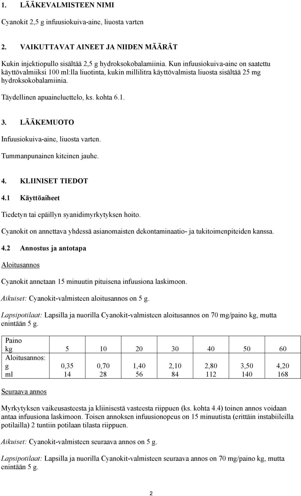 LÄÄKEMUOTO Infuusiokuiva-aine, liuosta varten. Tummanpunainen kiteinen jauhe. 4. KLIINISET TIEDOT 4.1 Käyttöaiheet Tiedetyn tai epäillyn syanidimyrkytyksen hoito.