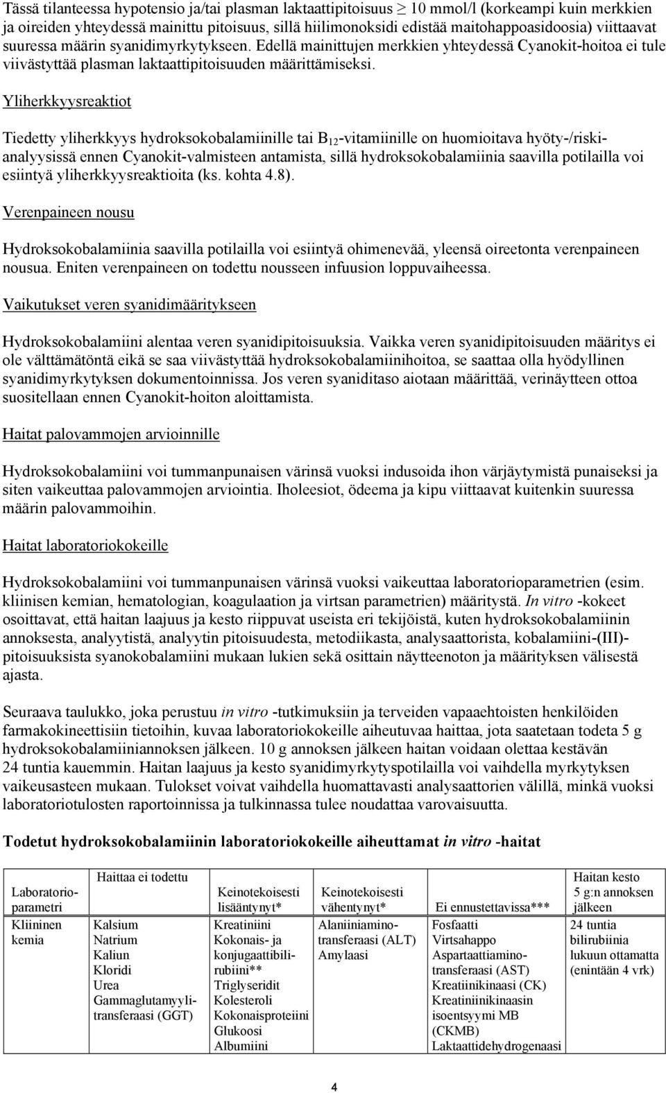 Yliherkkyysreaktiot Tiedetty yliherkkyys hydroksokobalamiinille tai B 12 -vitamiinille on huomioitava hyöty-/riskianalyysissä ennen Cyanokit-valmisteen antamista, sillä hydroksokobalamiinia saavilla