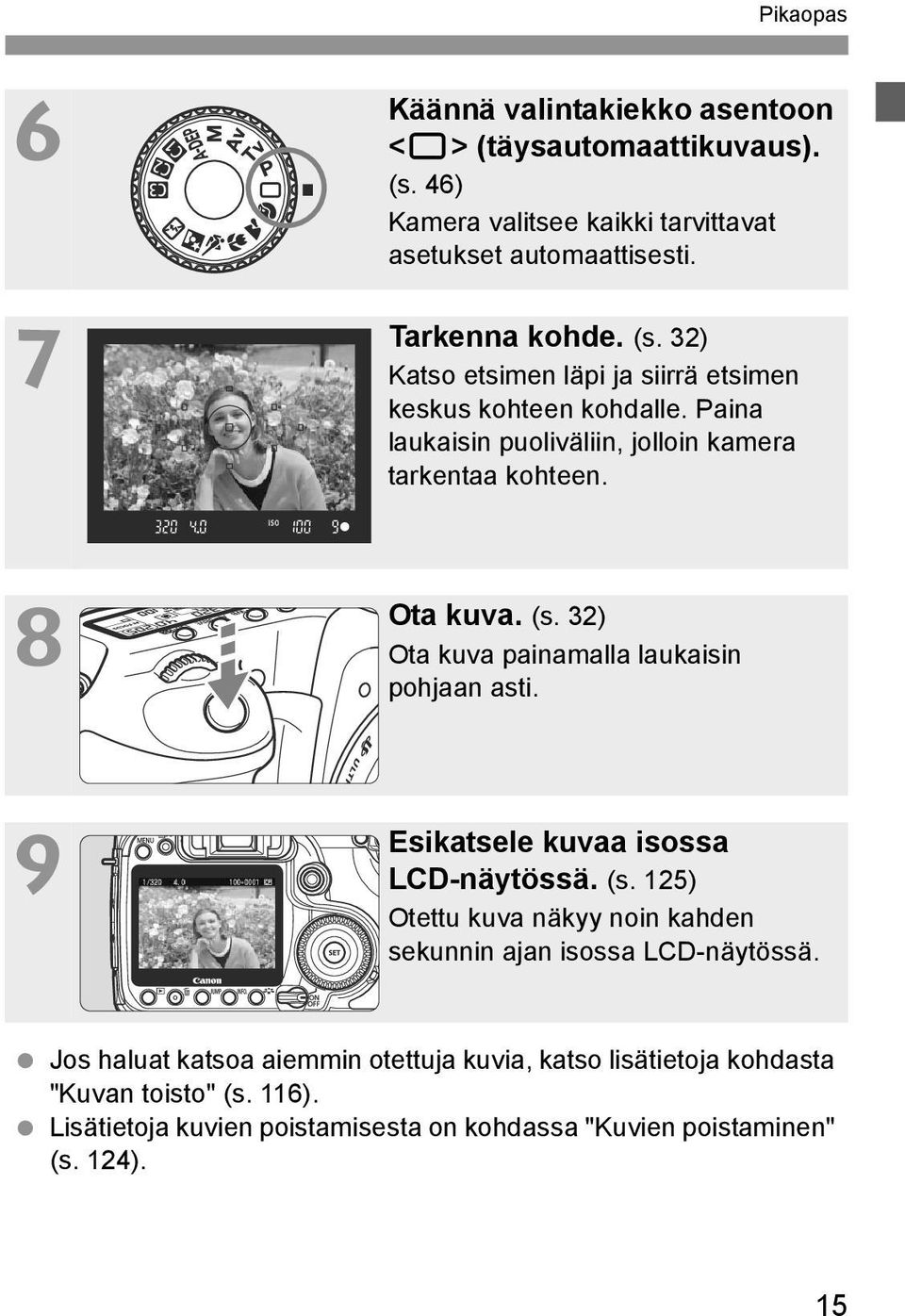 32) Ota uva painamalla lauaisin pohjaan asti. Esiatsele uvaa isossa LCD-näytössä. (s. 125) Otettu uva näyy noin ahden seunnin ajan isossa LCD-näytössä.