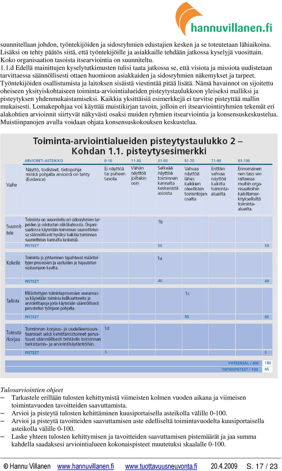 1.d Edellä mainittujen kyselytutkimusten tulisi taata jatkossa se, että visiota ja missiota uudistetaan tarvittaessa säännöllisesti ottaen huomioon asiakkaiden ja sidosryhmien näkemykset ja tarpeet.