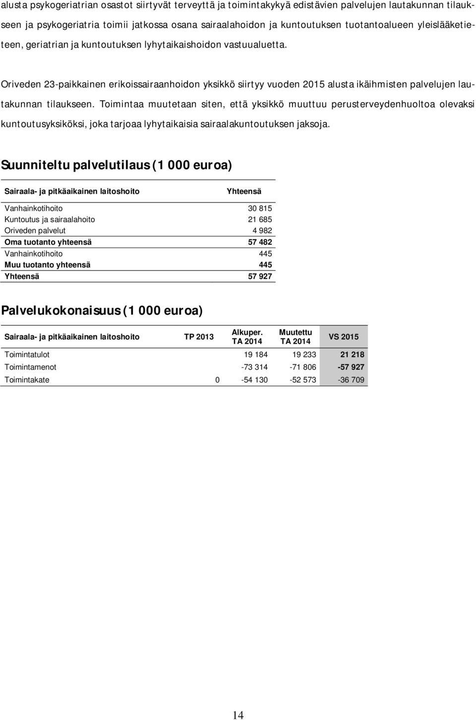 Oriveden 23-paikkainen erikoissairaanhoidon yksikkö siirtyy vuoden 2015 alusta ikäihmisten palvelujen lautakunnan tilaukseen.