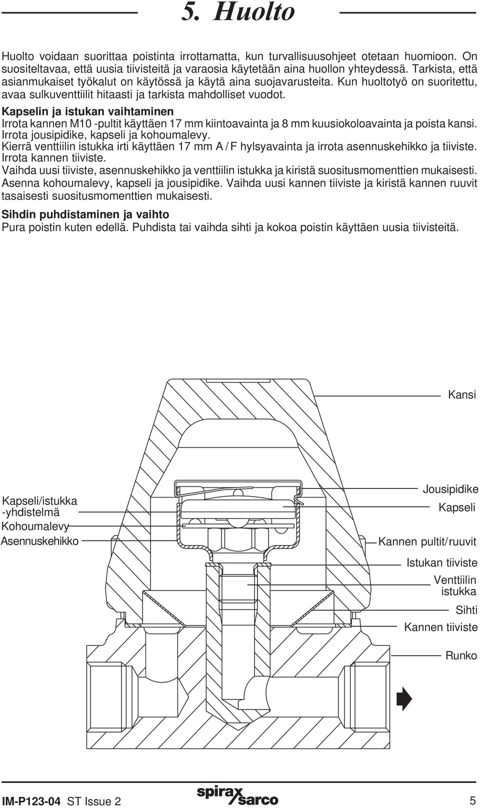 Kapselin ja istukan vaihtaminen Irrota kannen M10 -pultit käyttäen 17 mm kiintoavainta ja 8 mm kuusiokoloavainta ja poista kansi. Irrota jousipidike, kapseli ja kohoumalevy.