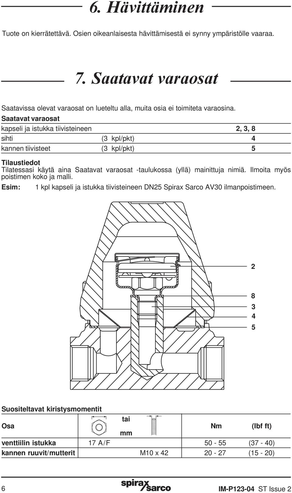 Saatavat varaosat kapseli ja istukka tiivisteineen 2, 3, 8 sihti (3 kpl/pkt) 4 kannen tiivisteet (3 kpl/pkt) 5 Tilaustiedot Tilatessasi käytä aina Saatavat varaosat -taulukossa