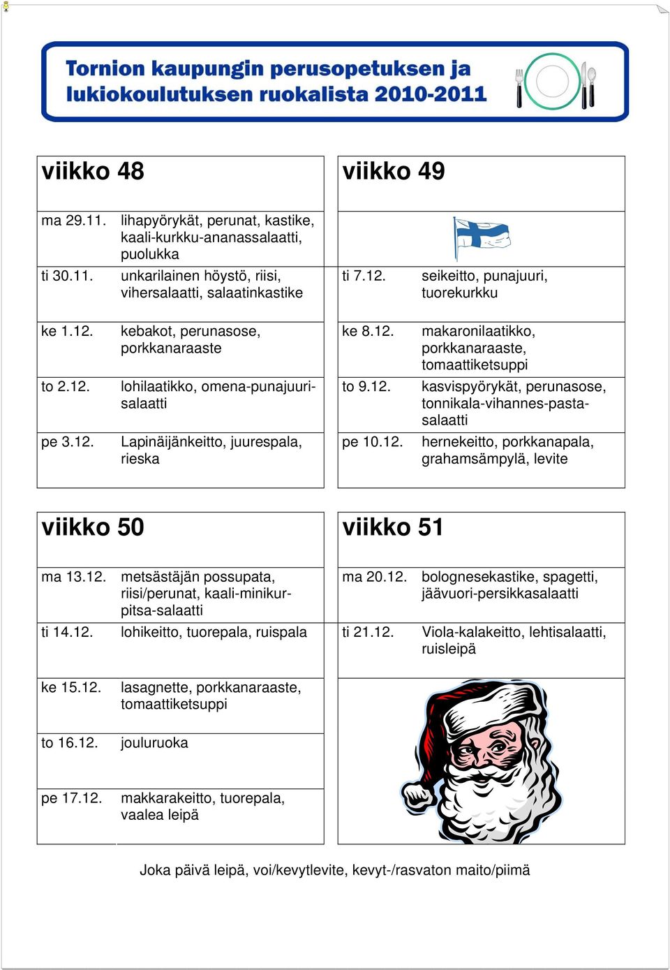 12. bolognesekastike, spagetti, jäävuori-persikkasalaatti ti 14.12. lohikeitto, tuorepala, ti 21.12. Viola-kalakeitto, lehtisalaatti, ke 15.