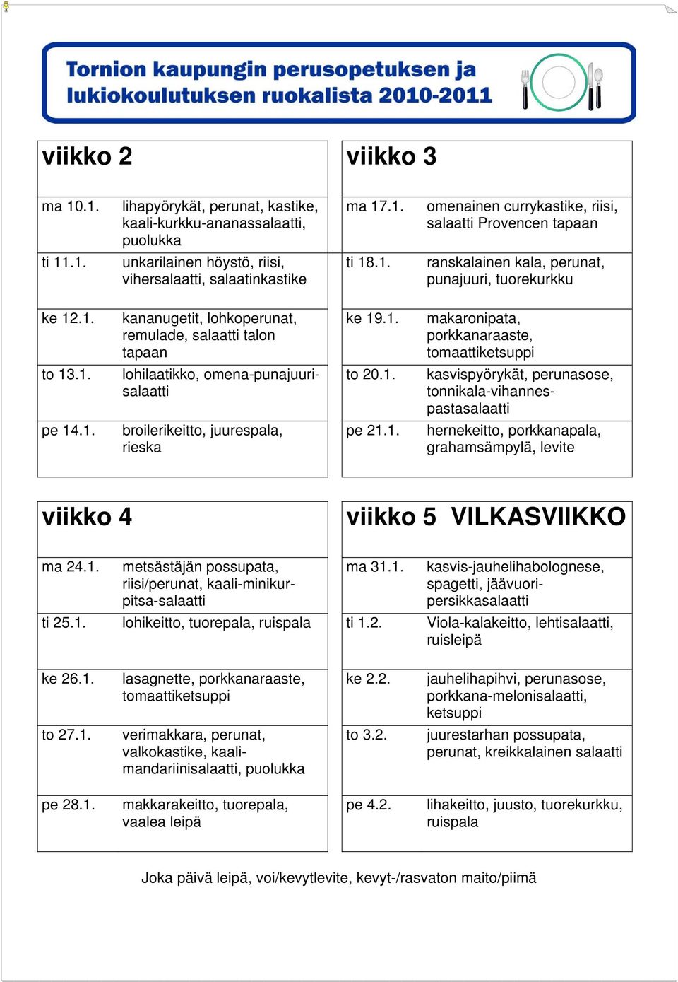 1. kasvis-jauhelihabolognese, spagetti, jäävuoripersikkasalaatti ti 25.1. lohikeitto, tuorepala, ti 1.2. Viola-kalakeitto, lehtisalaatti, ke 26.1. lasagnette, ke 2.2. to 27.1. verimakkara, perunat, valkokastike, kaalimandariinisalaatti, to 3.