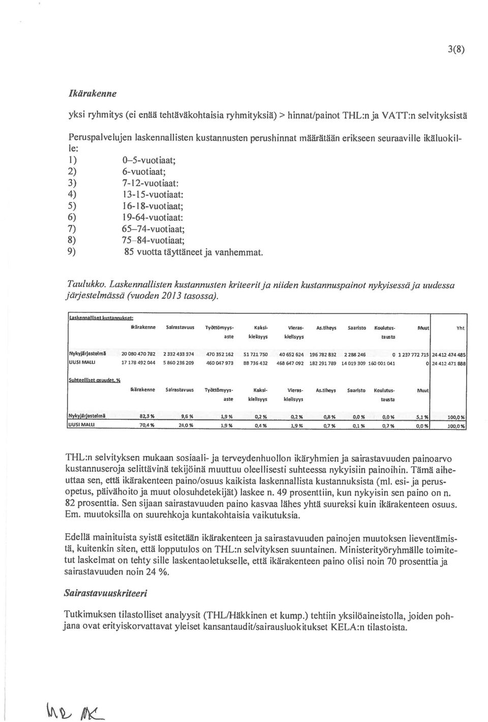 a Taulukko. Laskennallisten kustannusten kriteeriija niiden kustannuspainot nykyisessä ja uudessa Järjestelmässä (vuoden 2013 tasossa,). 00Qh54 8tarakenae Sairastavuus Työttömyys KakSi Vieras As.