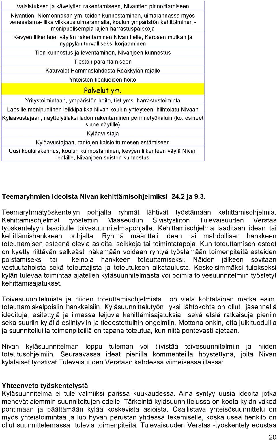 tielle, Kerosen mutkan ja nyppylän turvalliseksi korjaaminen Tien kunnostus ja leventäminen, Nivanjoen kunnostus Tiestön parantamiseen Katuvalot Hammaslahdesta Rääkkylän rajalle Yhteisten tiealueiden