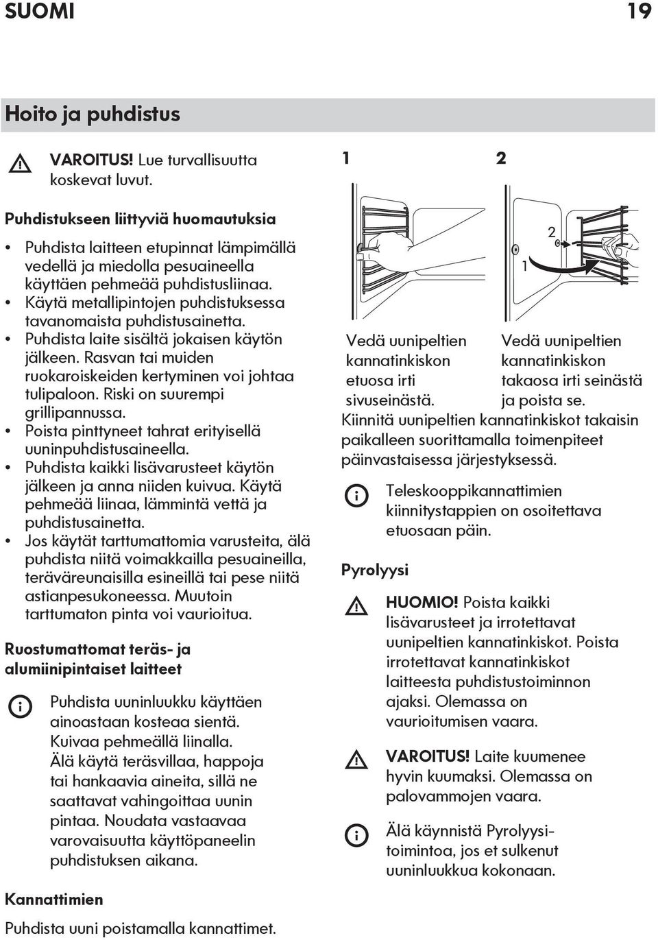 Käytä metallipintojen puhdistuksessa tavanomaista puhdistusainetta. Puhdista laite sisältä jokaisen käytön jälkeen. Rasvan tai muiden ruokaroiskeiden kertyminen voi johtaa tulipaloon.