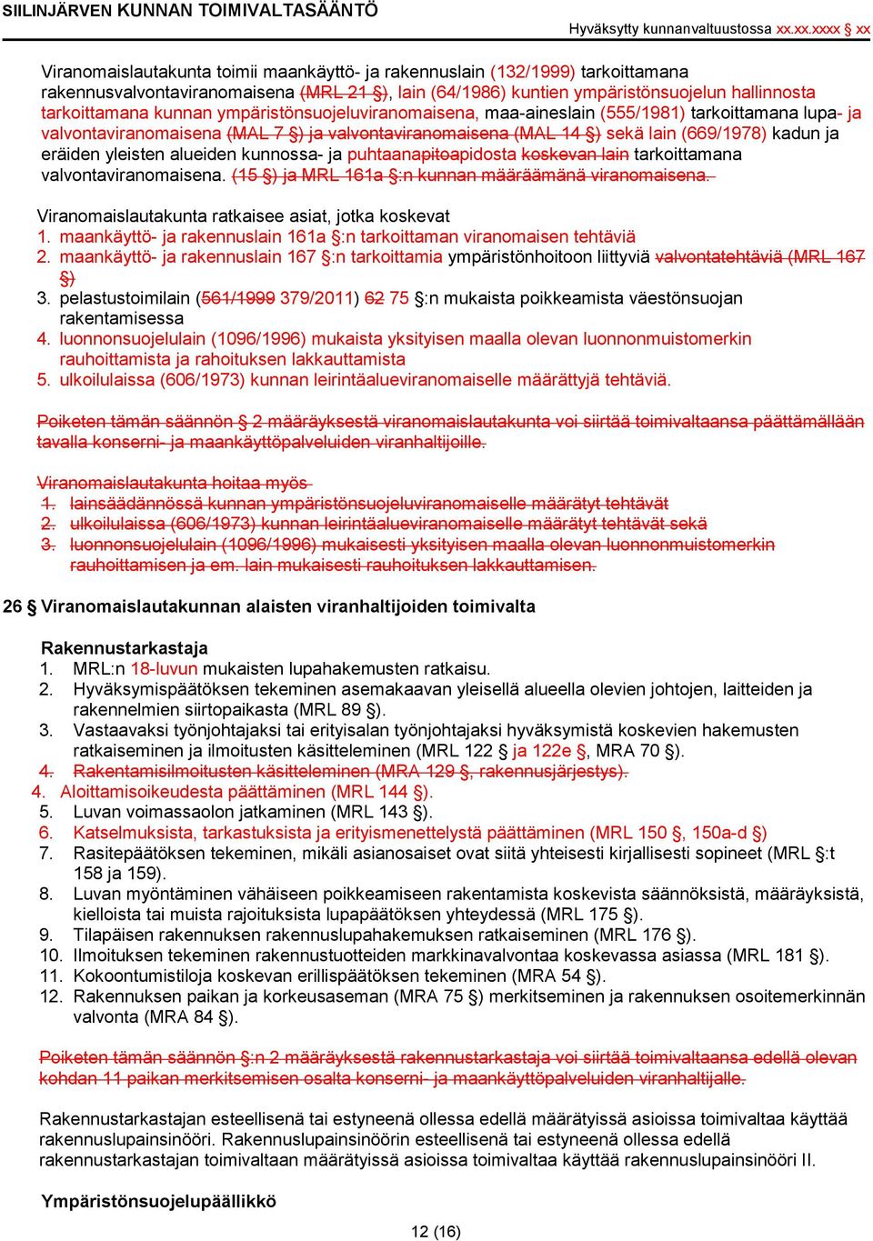alueiden kunnossa- ja puhtaanapitoapidosta koskevan lain tarkoittamana valvontaviranomaisena. (15 ) ja MRL 161a :n kunnan määräämänä viranomaisena.