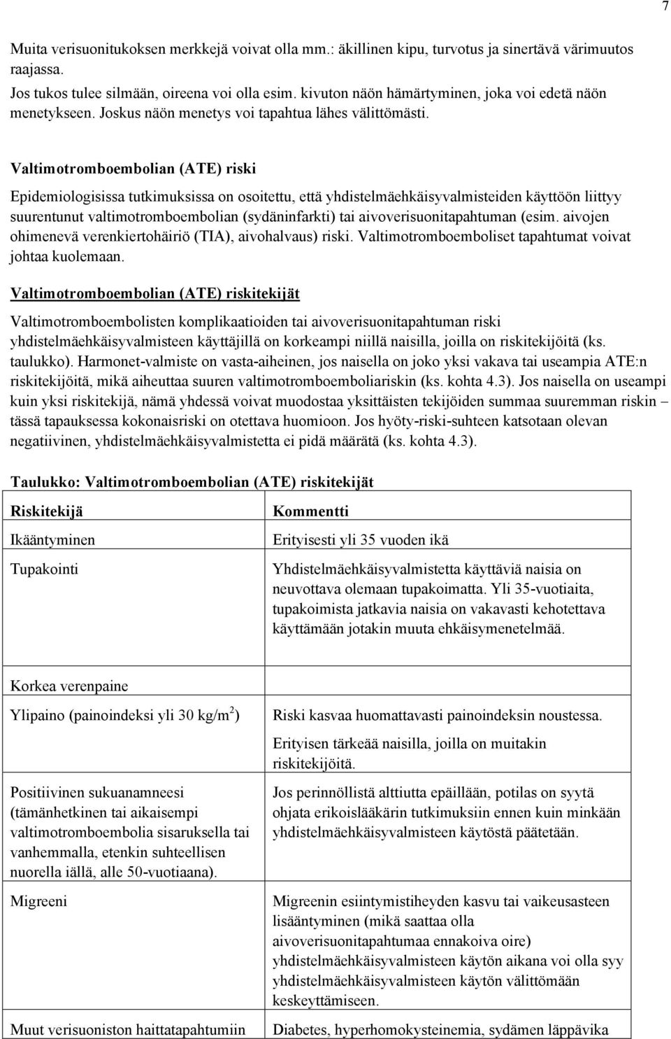 Valtimotromboembolian (ATE) riski Epidemiologisissa tutkimuksissa on osoitettu, että yhdistelmäehkäisyvalmisteiden käyttöön liittyy suurentunut valtimotromboembolian (sydäninfarkti) tai